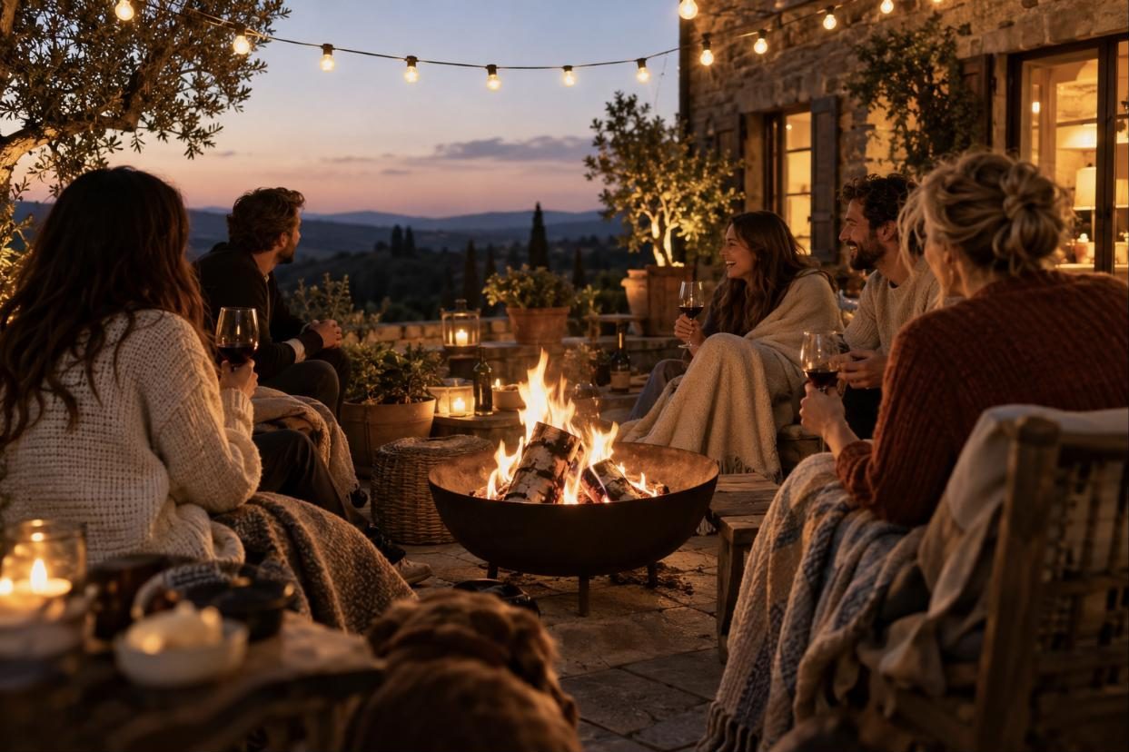 Amigos alrededor de un brasero en una terraza