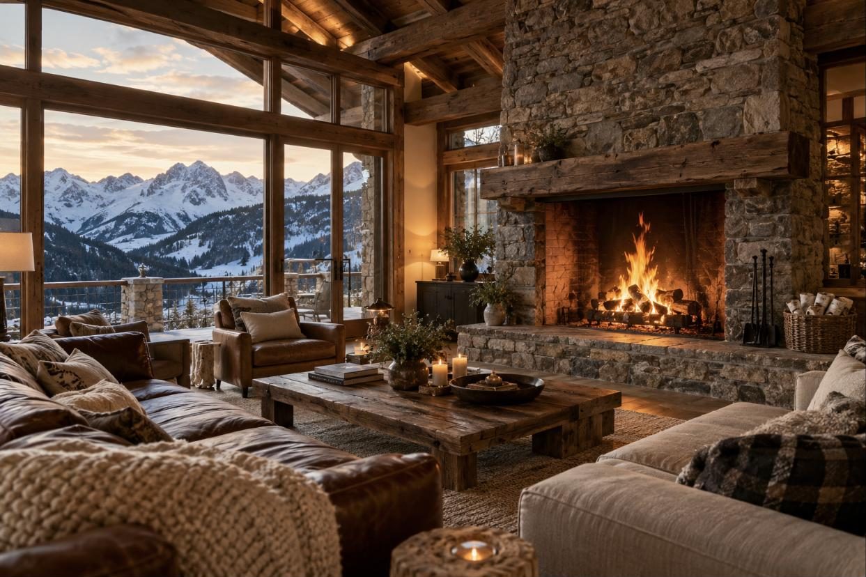 Salón de casa rural con gran chimenea de piedra