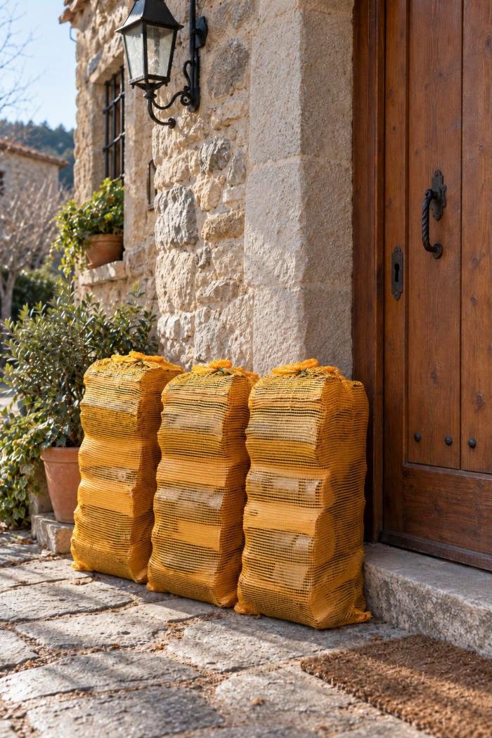 Sacos de leña de abedul entregados en la puerta de una casa de piedra