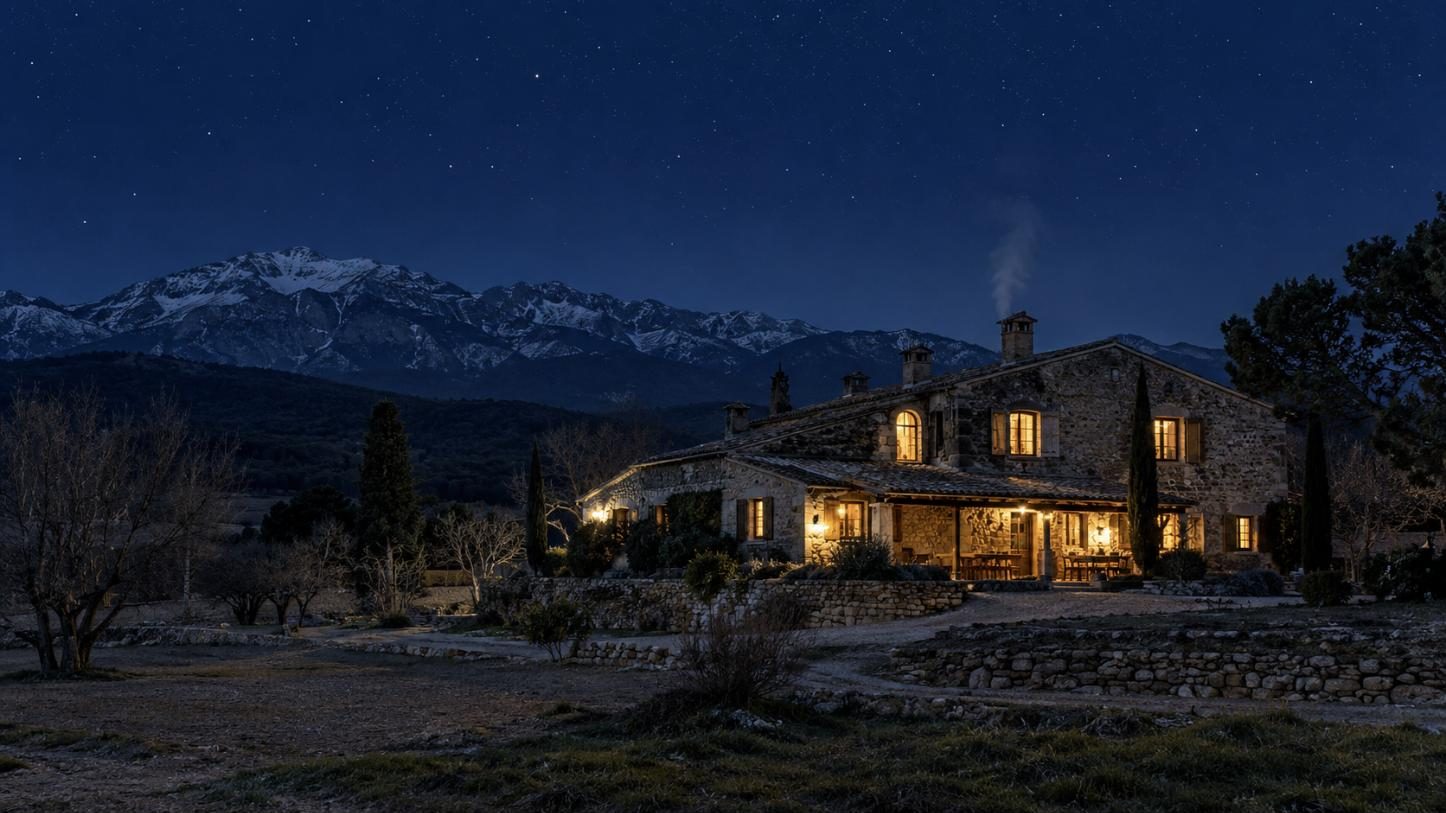 Masía de piedra de noche con la chimenea encendida