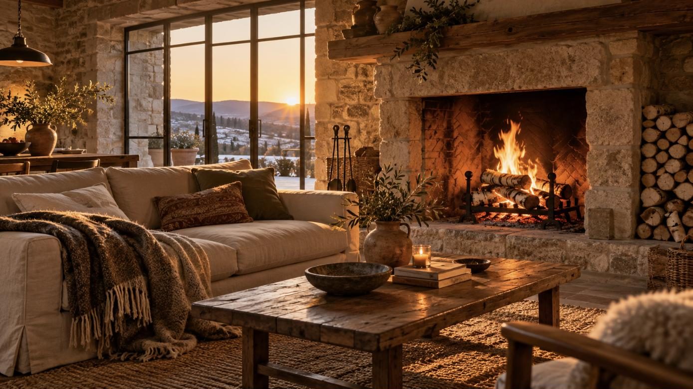 Salón de masía con chimenea encendida y leñero de abedul